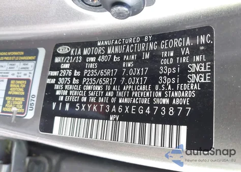 2014 Kia Sorento Lx из США, поврежденный, VIN 5XYKT3A6XEG473877